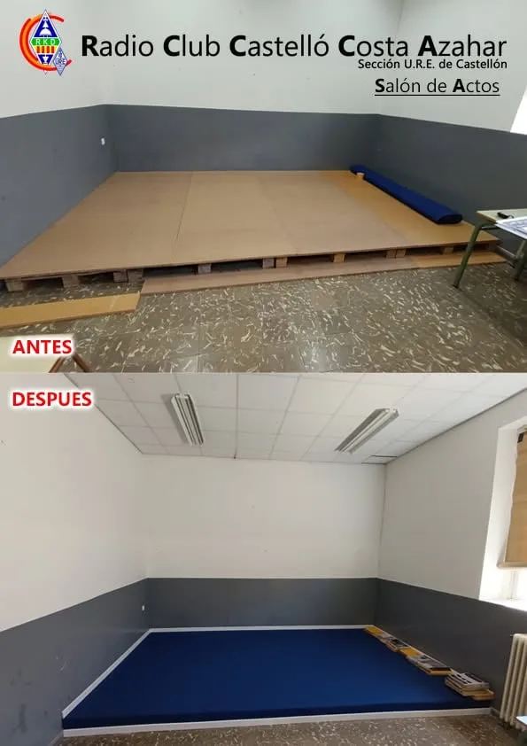 La tarima del salón de actos, antes y después.